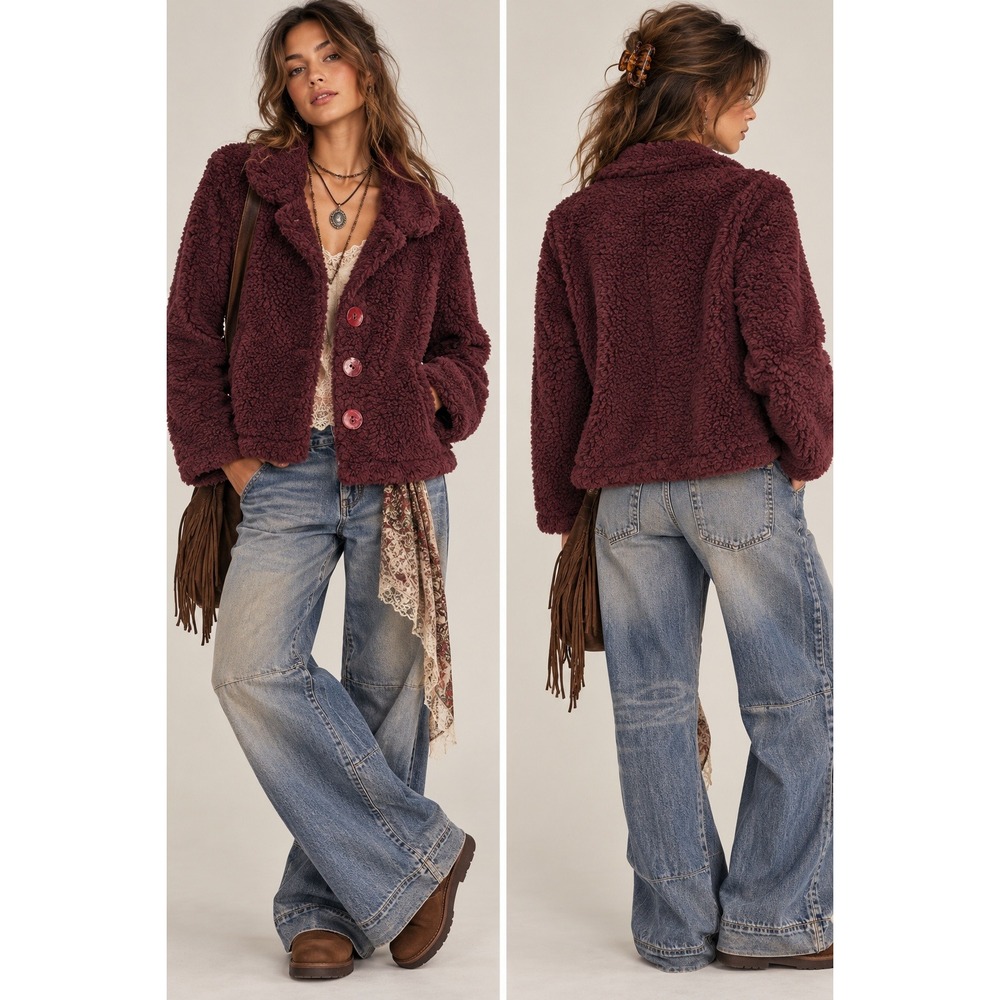 VTG Y2K Habitat Sherpa Jacket Women L/XL Burgundy Fleece Button Boho Cozy Fall